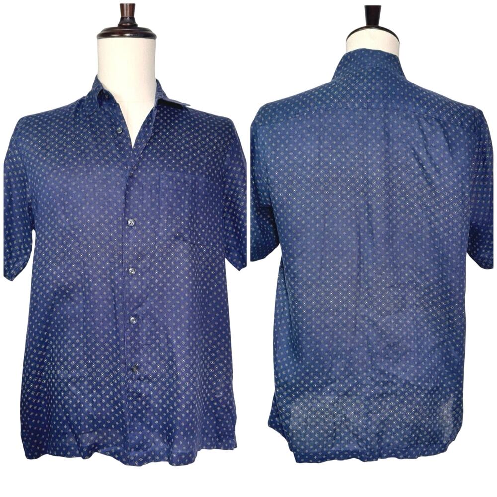 Tasso Elba | Men | Blue Linen Diamond Relaxed Button Down Resort Shirt | Small